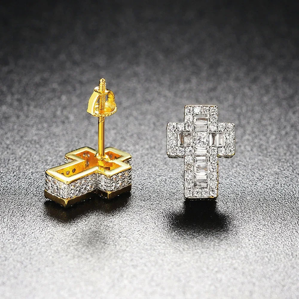 Luxury Punk Cross Earrings for Men Iced Out Zirconia Hiphop Stud Earring Gold Color Women's Accessories Fashion Jewellery