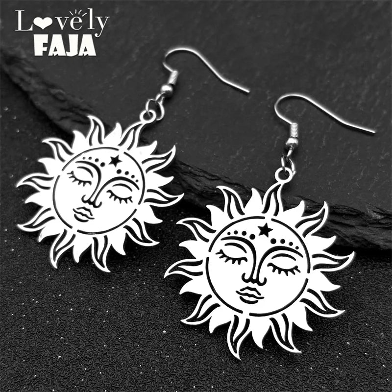 Star Moon Silver Earrings Gothic Sun Face Pentagram