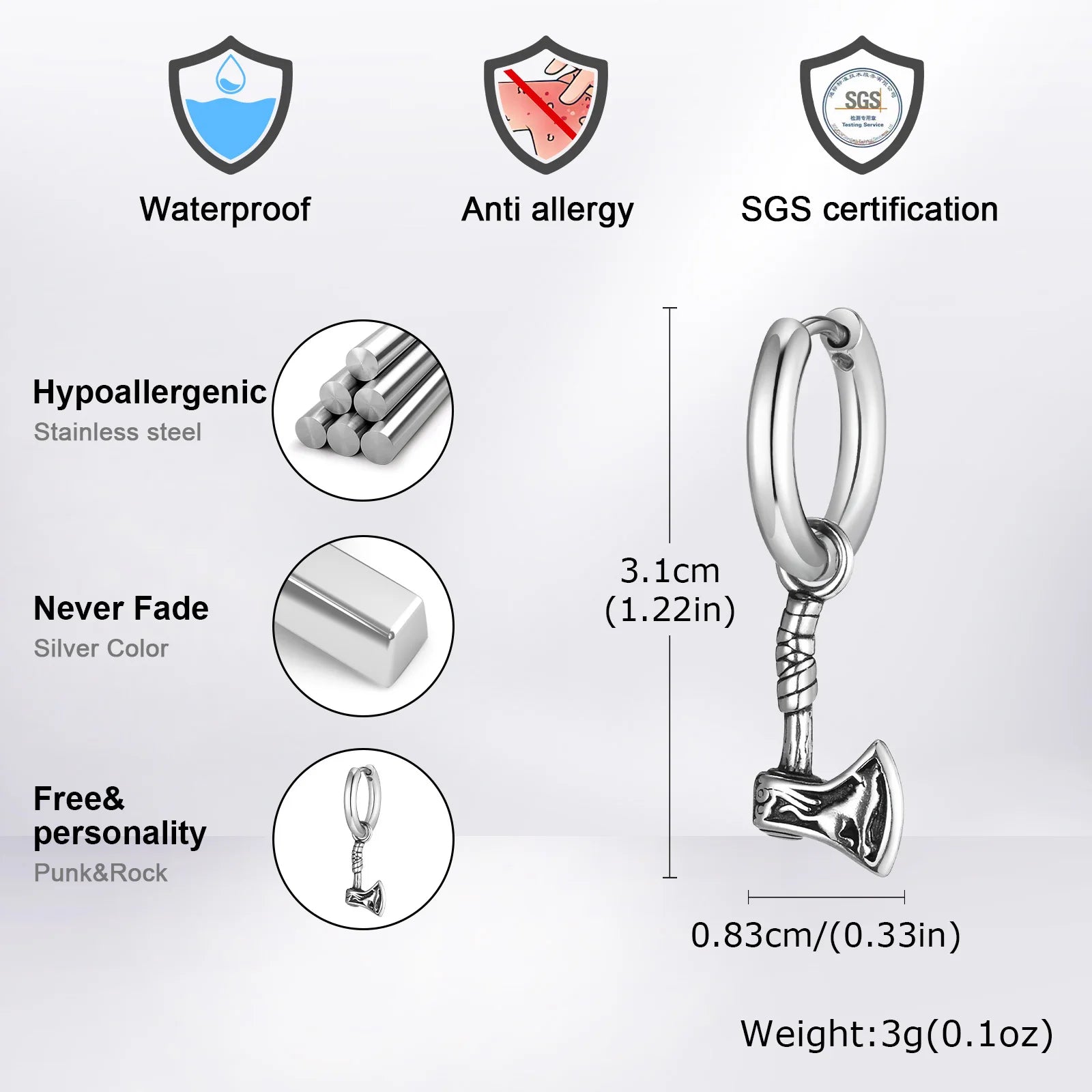 Viking Wolf Axe Hoop Earrings — Stainless Steel