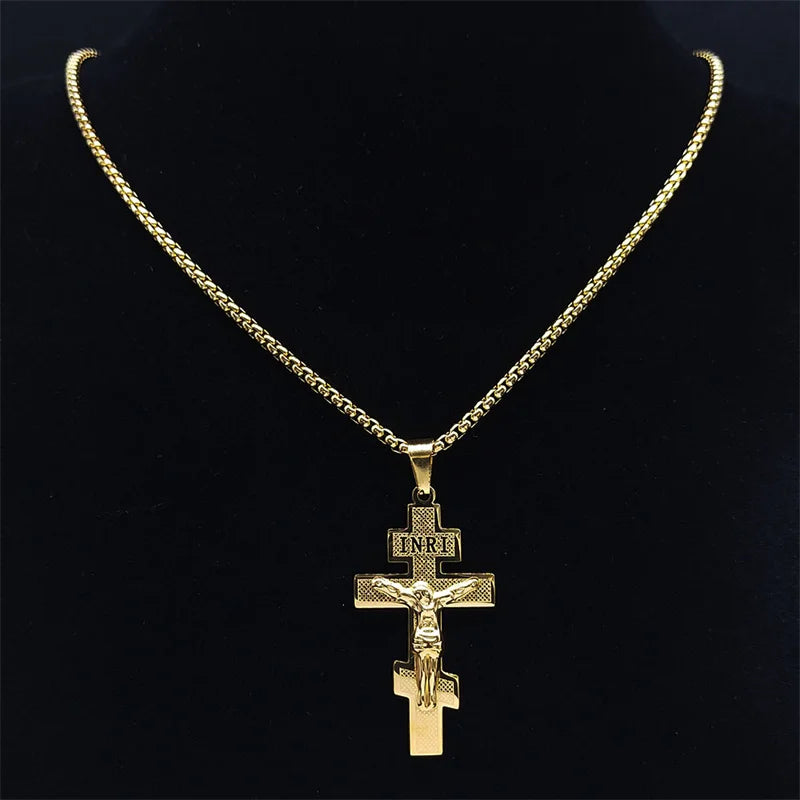 Catholic Orthodox Cross Necklace Stainless Steel Gold Color INRI Crucifix Jesus Necklaces Holy Jewelry cordao masculino