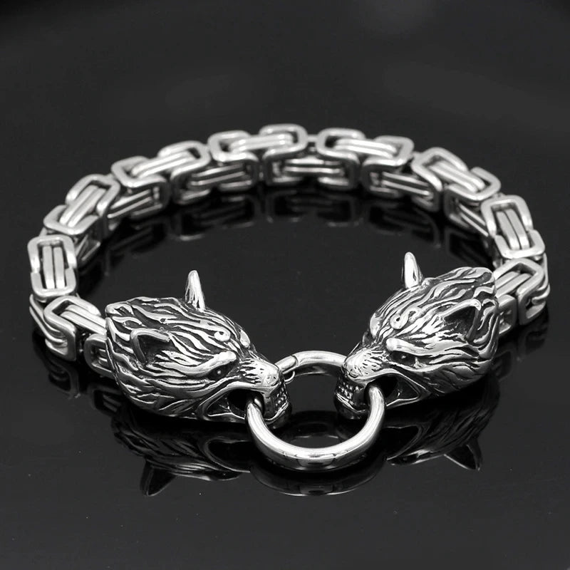 Men's Stainless Steel Viking Wolf Head Bracelet Vintage Personality Thick Chain Biker Punk Hip Hop Wristband Jewelry