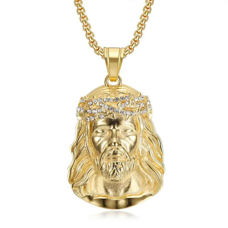 Stainless Steel Titanium Hip Hop God Jesus Human Head Luxury Gold Plated Pendant Collar Chains Necklace for Men Women