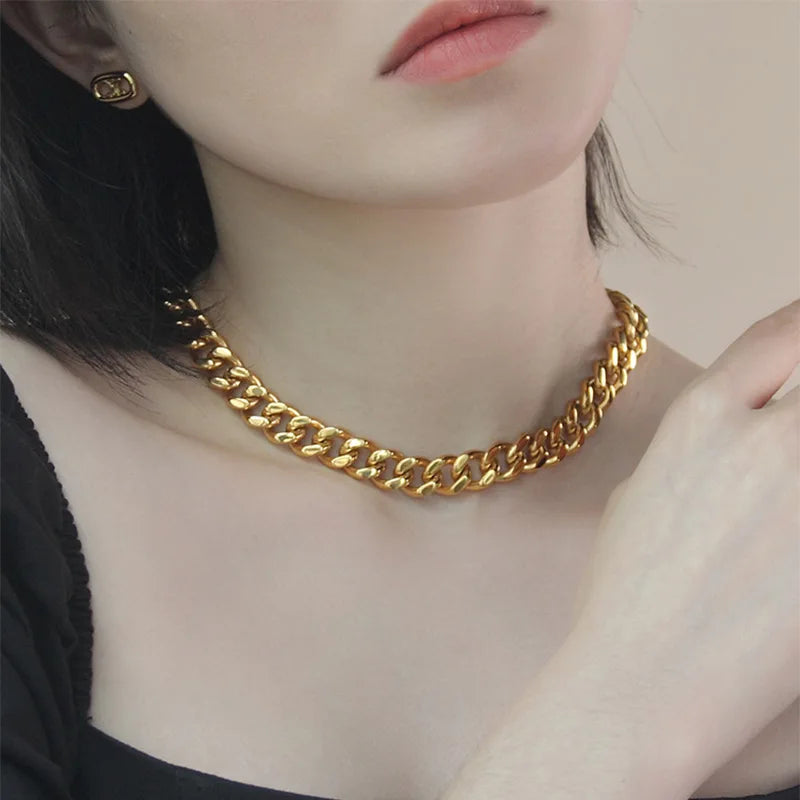 Punk Cuban Link Choker Necklace Collar Statement Chunky Stainless Steel Gold Color Thick Chain Necklace For Men Women Jewelry