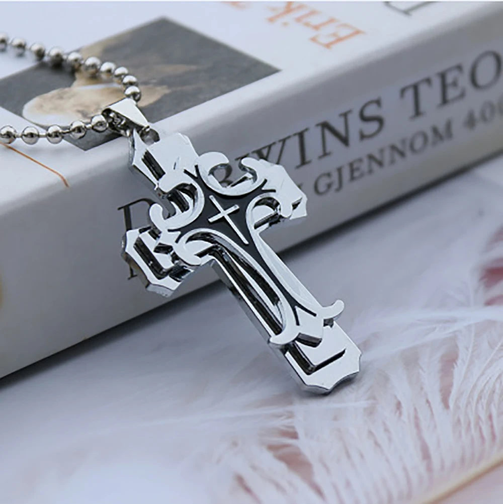 Necklace For Men 2024 New Titanium Steel Three-layer Cross Pendant Ball Chain Fresh Sweet Fashion Necklace