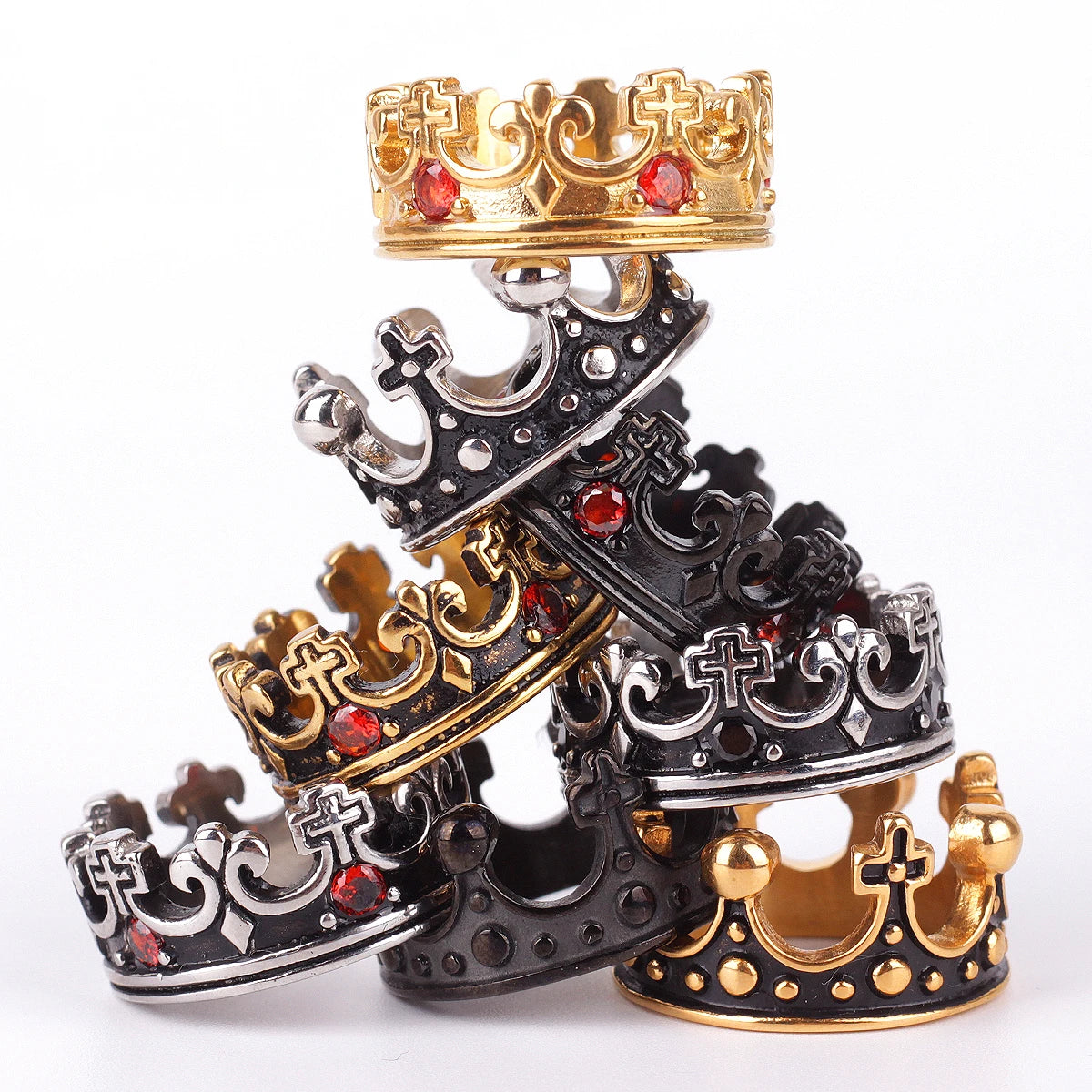 Royal Crown Ring with Red Rhinestones — Stainless Steel