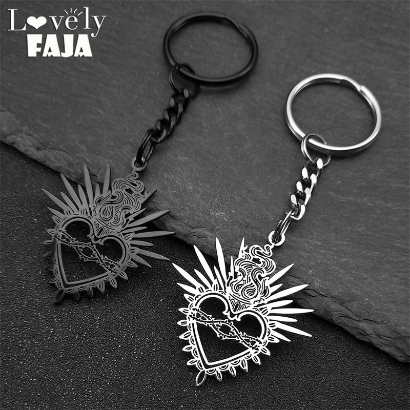 Heart Key Steel Pendant Flaming Sacred Thorns