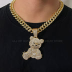 Men Women Iced Out Brown Bear Pendant Necklace With 13mm Miami Cuban Link Chain Men's Necklaces Choker Collar Hip Hop