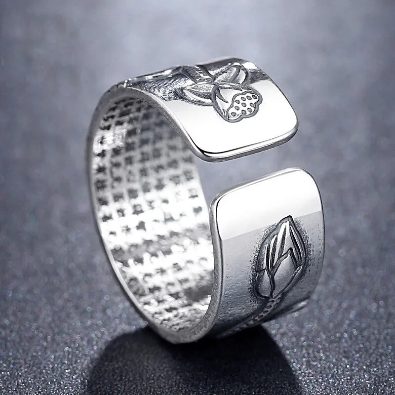 Vintage Tibetan Silver Lotus Rings for Mens Personality Hiphop Jewelry Adjustable