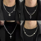 4pcs Personality Trendy Black Zircons Awn Star Cross Pendant Cuban Chain Necklace for Men Friends Hip-hop Punk Jewelry Sets Gift