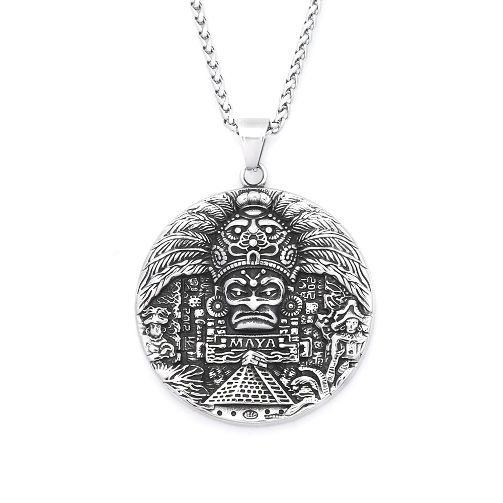 Aztec Steel Pendant Vintage Mayan Pattern Big
