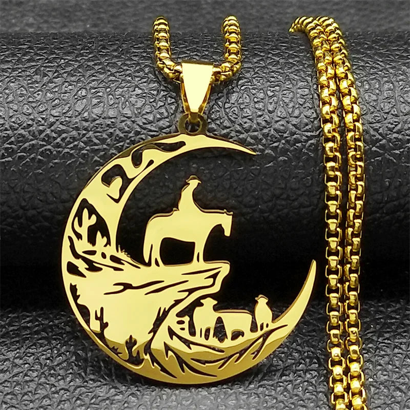 Moon Western Cowboy Animal Necklace For Women Men Stainless Steel Horse Cow Silver Color Mountain Ranch Scenery Chain Jewelry