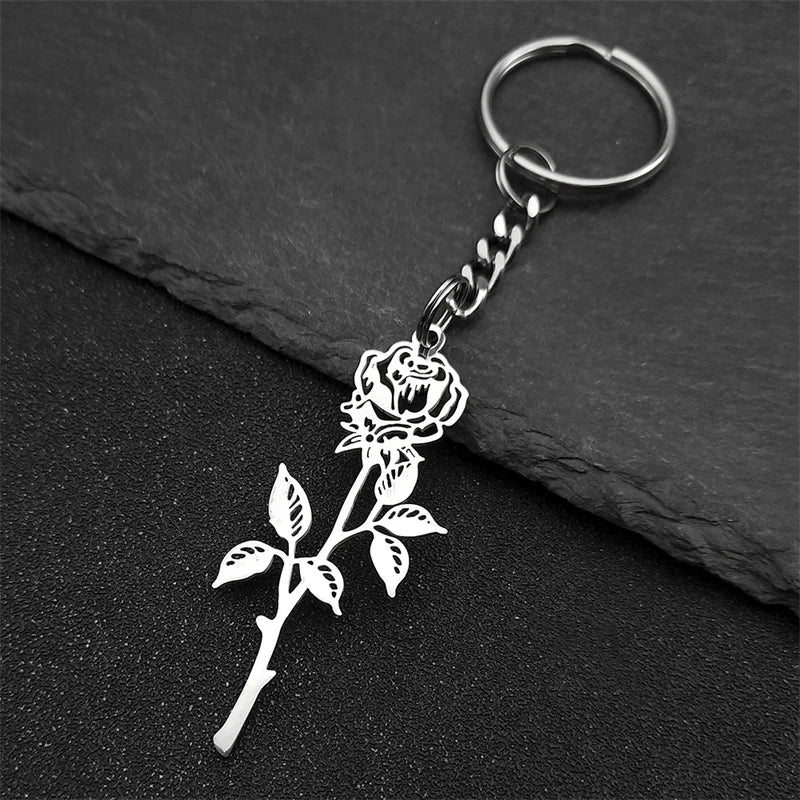 Rose Flower Silver Pendant Keychain — Stainless Steel