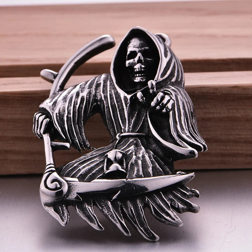 Gothic Stainless Steel Death Scythe Skull Necklace Pendant Punk Biker Men Grim Reaper Pendant Fashionable Men's Chain
