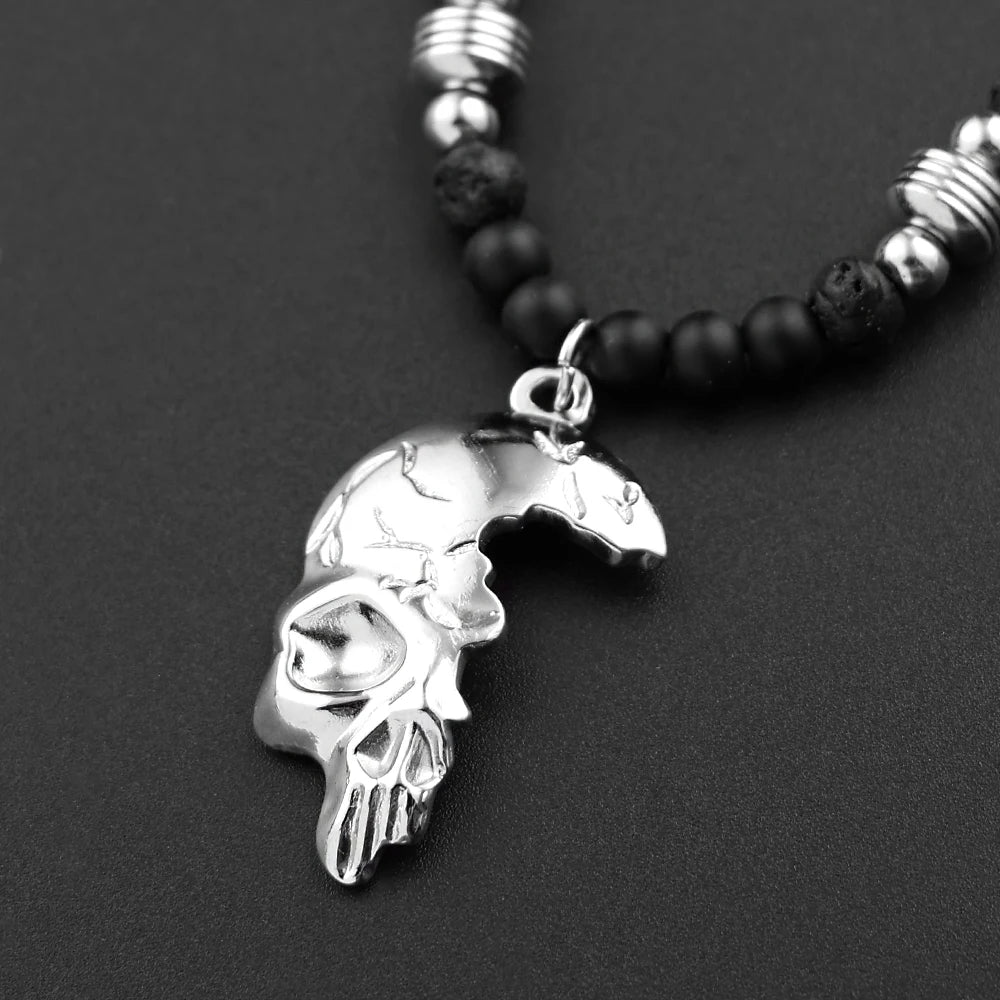 Gothic Half Skull Pendant Bracelet Black Lava Stone Beaded Adjustable Wax Rope Bracelets Men Punk Rock Jewelry