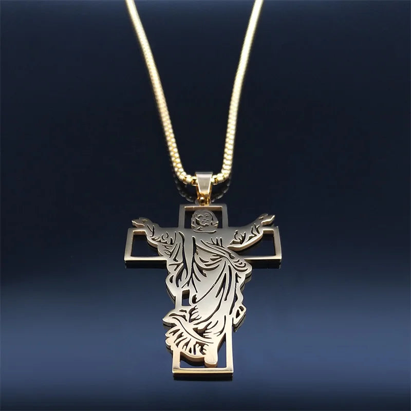 Jesus Cross & Virgin Mary Cutout Necklace — Stainless Steel