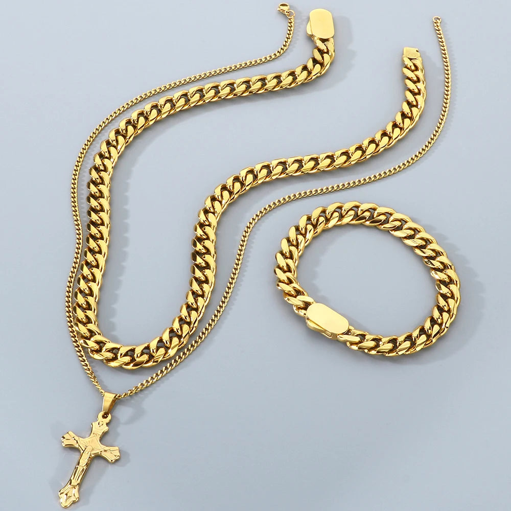 Men's Double Layer Cross Pendant Necklace for Men Gold Color Stainless Steel Cuban Link Chain Necklaces Bracelets