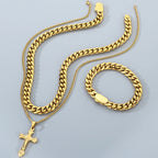 Men's Double Layer Cross Pendant Necklace for Men Gold Color Stainless Steel Cuban Link Chain Necklaces Bracelets