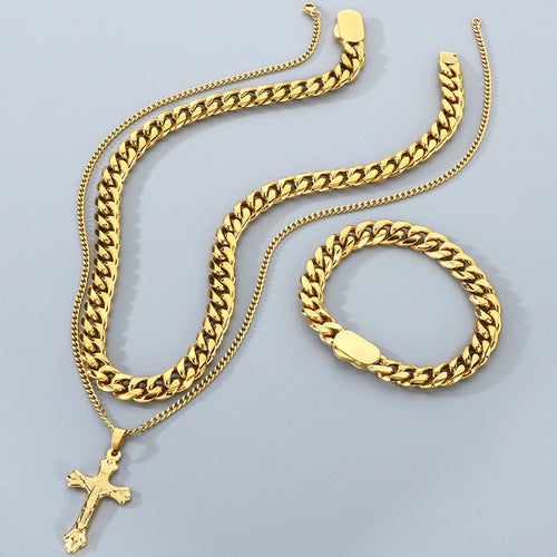 Cross Gold Chain & Bracelet Set