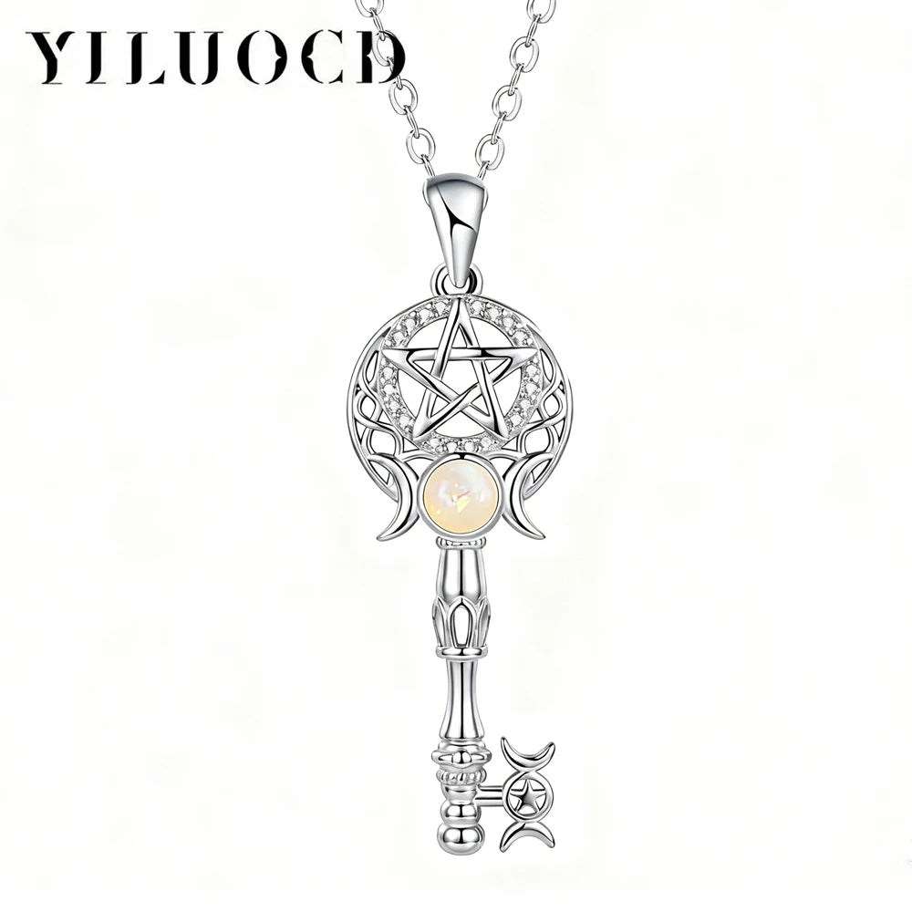 Witchcraft Triple Moon Goddness Key Shape Necklaces Opal Zircons Pentagram Symbol Pendant Witch Amulet Protection