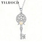 Witchcraft Triple Moon Goddness Key Shape Necklaces Opal Zircons Pentagram Symbol Pendant Witch Amulet Protection