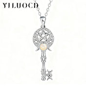 Witchcraft Triple Moon Goddness Key Shape Necklaces Opal Zircons Pentagram Symbol Pendant Witch Amulet Protection