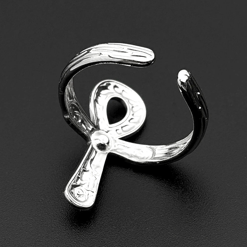 Egyptian Ankh Cross Key Of Life Adjustable Open Rings for Women Men Stainless Steel Rune Finger Ring Rhinestone Amulet