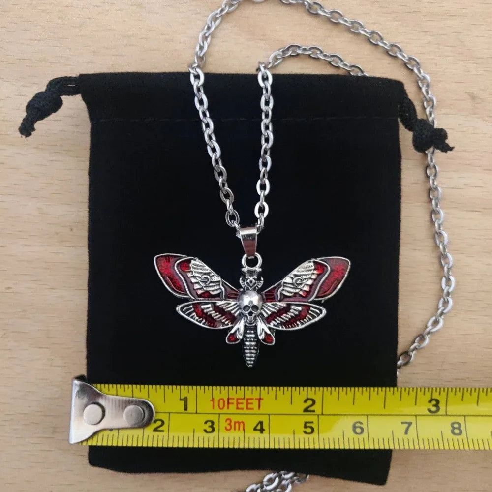 Gothic Personality Sliver Color Skull Moths Wings Red Drip Glaze Pendant Necklace for Women Men Collar Chain Punk