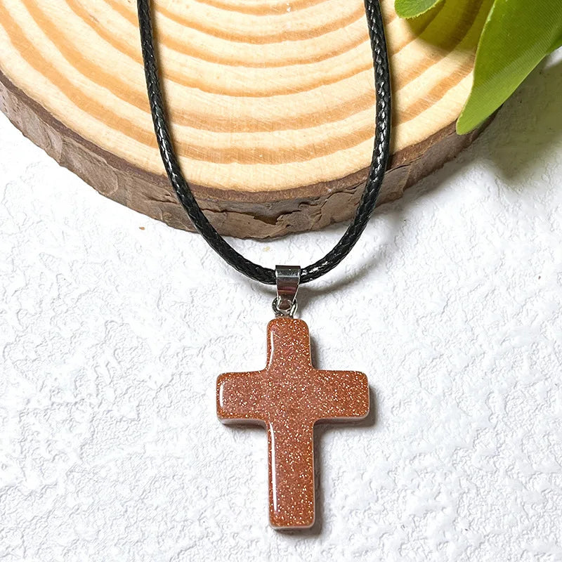 Tiny Natural Stone Turquoise Opal Cross Pendant Necklace With Stones Women Leahter Chain Choker Female Jewelry Party Girls Gift
