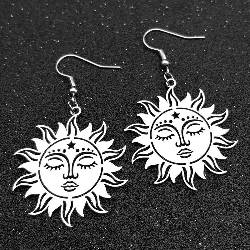 Star Moon Silver Earrings Gothic Sun Face Pentagram