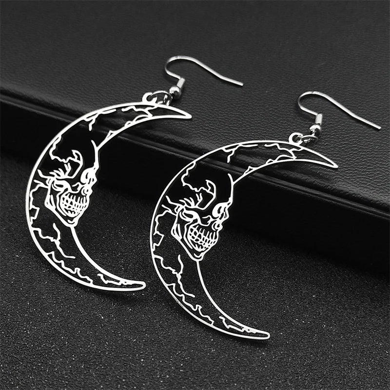 Gothic Skull Steel Earrings Crescent Moon Skeleton