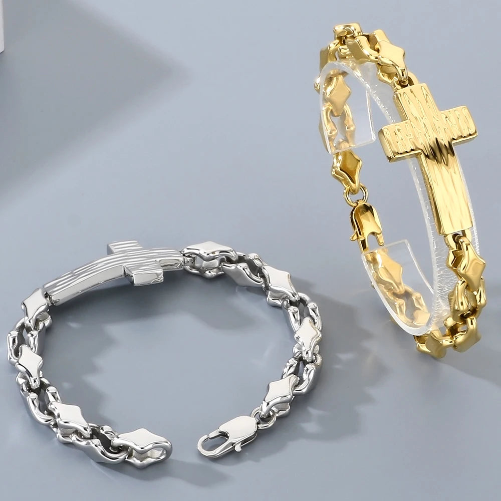 Vintage Cross Bracelet for Man 8MM Wide Waterproof Stainless Steel Chain Bracelets Gifts for Husband Boyfriend Pulsera