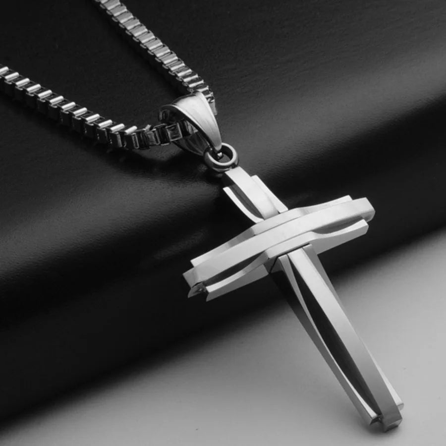 Layered Cross Pendant Necklace 50cm — Stainless Steel