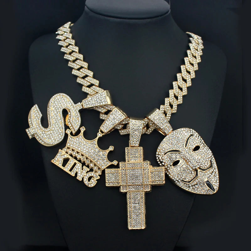 Iced Out Dollar Sign Cross Cuban Pendant — Gold