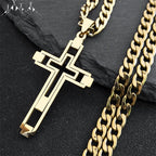 Hip Hop Cross Stainless Steel Chain Necklaces Gold Color Long Pendant Necklace for Women Men Christian Jewelry collier