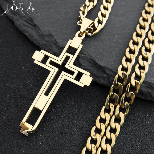 Cross Gold Chain Necklace — Long Pendant Stainless