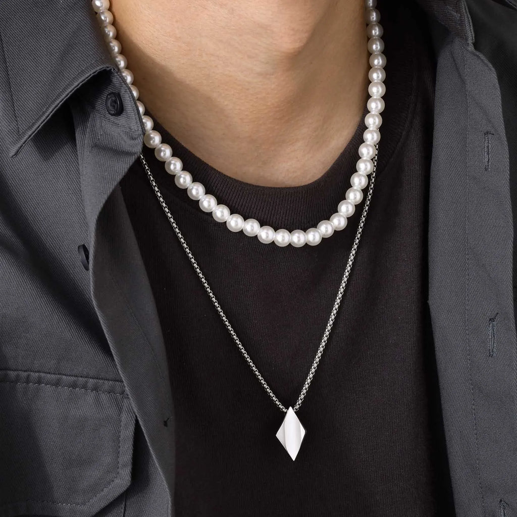 Rhombus Pearl Bead Chain Necklace — SS