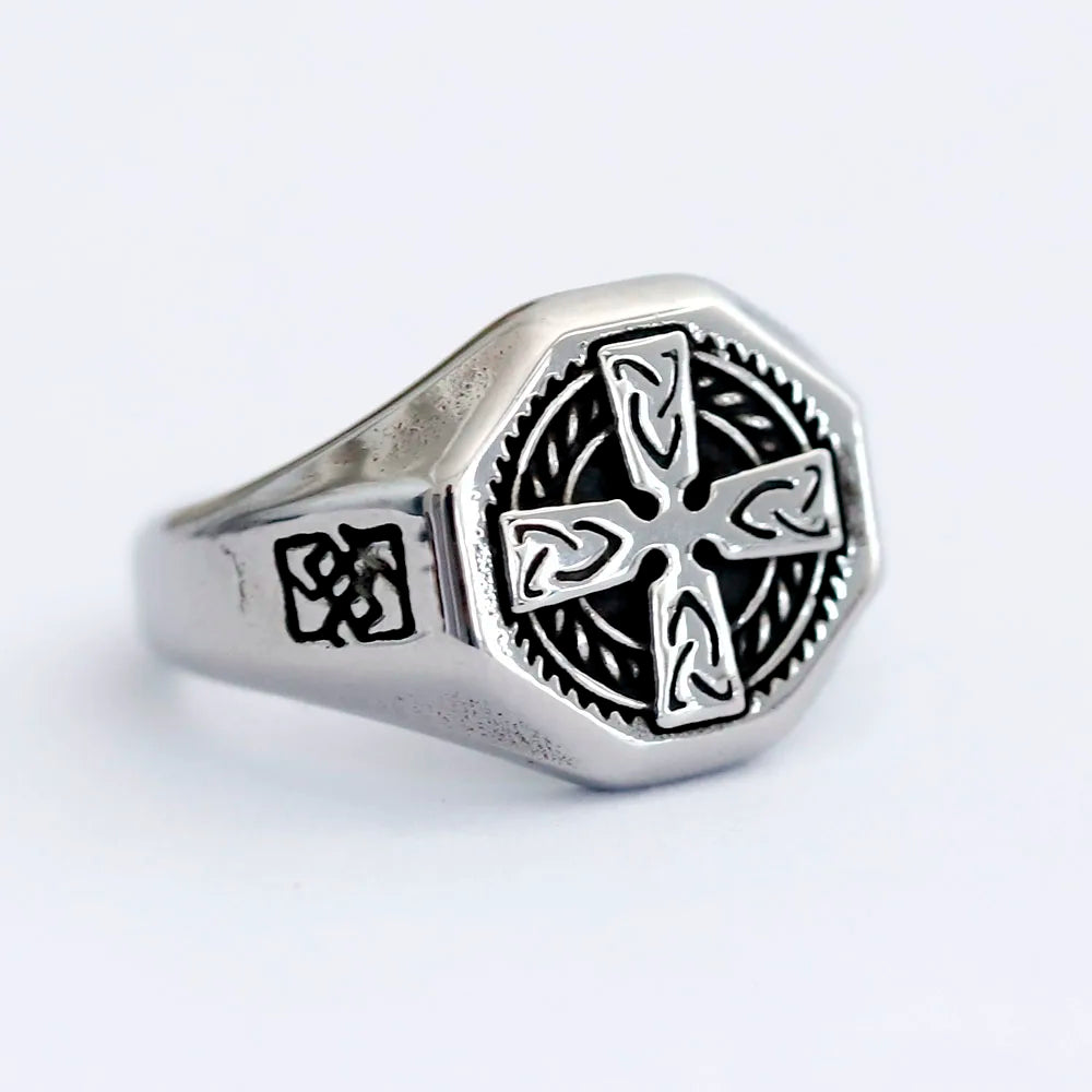 Celtic Cross Knotwork Octagon Signet Ring for Men