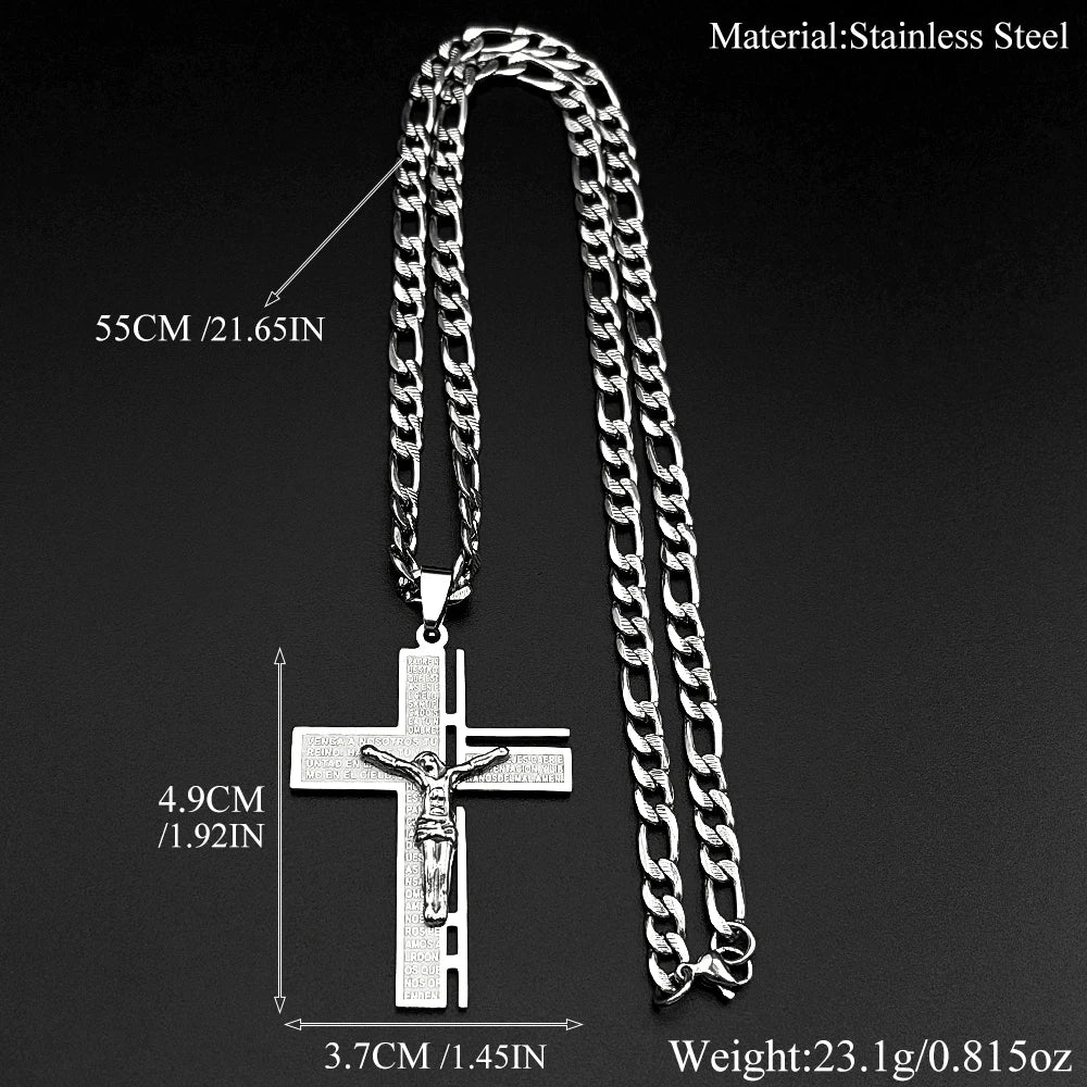 Jesus Cross Crucifix Pendant Necklace for Men Stainless Steel Gold Color Christian Spanish Lord's Prayer Figaro Chain