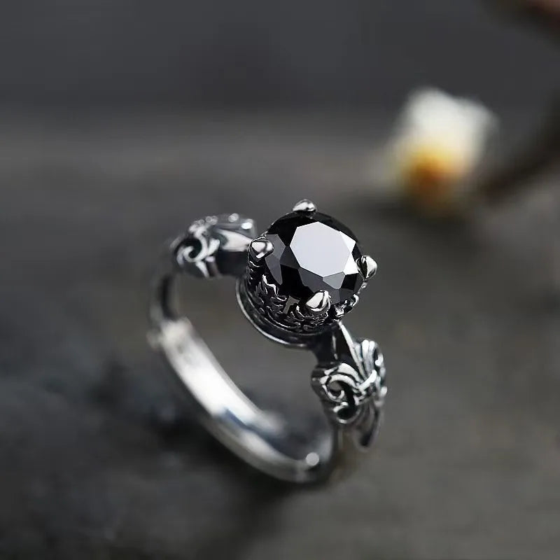 Black agate open ring for men and women, fashionable and trendy, retro style ring ring