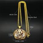 SAINT MICHAEL PROTECT US Archangel Stainless Steel Round Glass Medal Pendant Necklace for Women Men Gold Color Chain