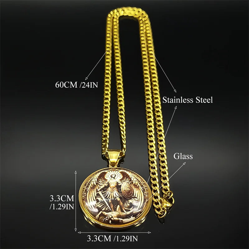 SAINT MICHAEL PROTECT US Archangel Stainless Steel Round Glass Medal Pendant Necklace for Women Men Gold Color Chain