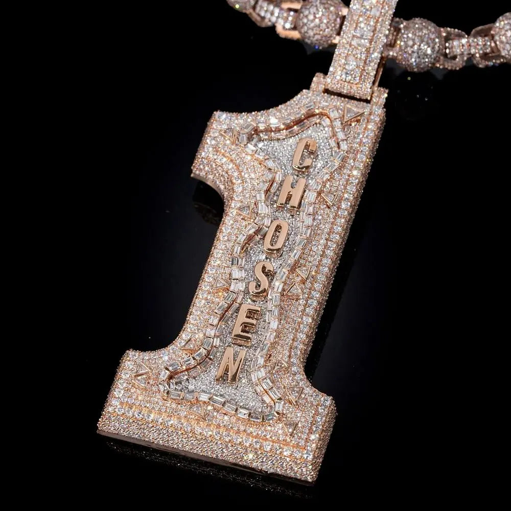 Iced Out Number 1 Pendant Necklace 'CHOSEN' Letter Rose Synthetic Zircon Hip Hop Jewelry for Men Rap Singer Style Men's