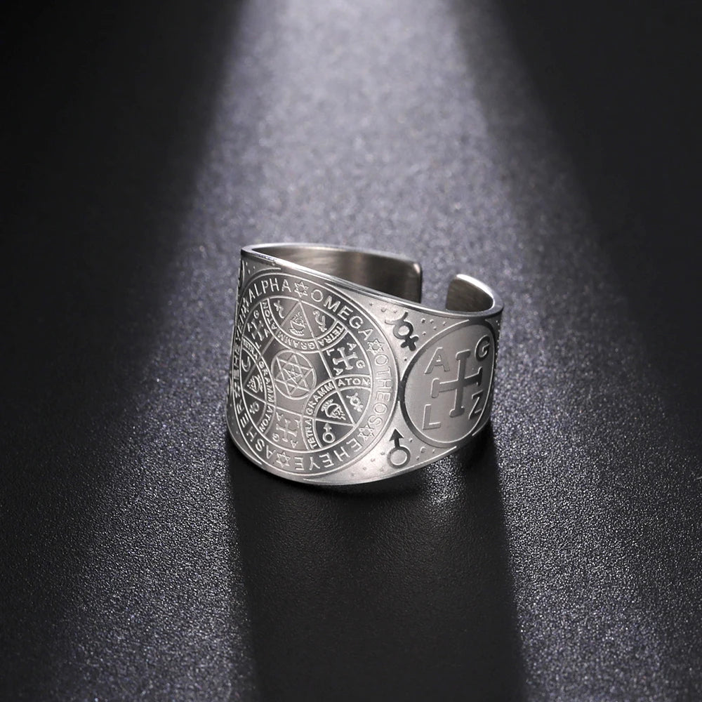 Stainless Steel Solomon Kabbalah Protection Enochian Magic Angel Ring Amulet for Men and Women