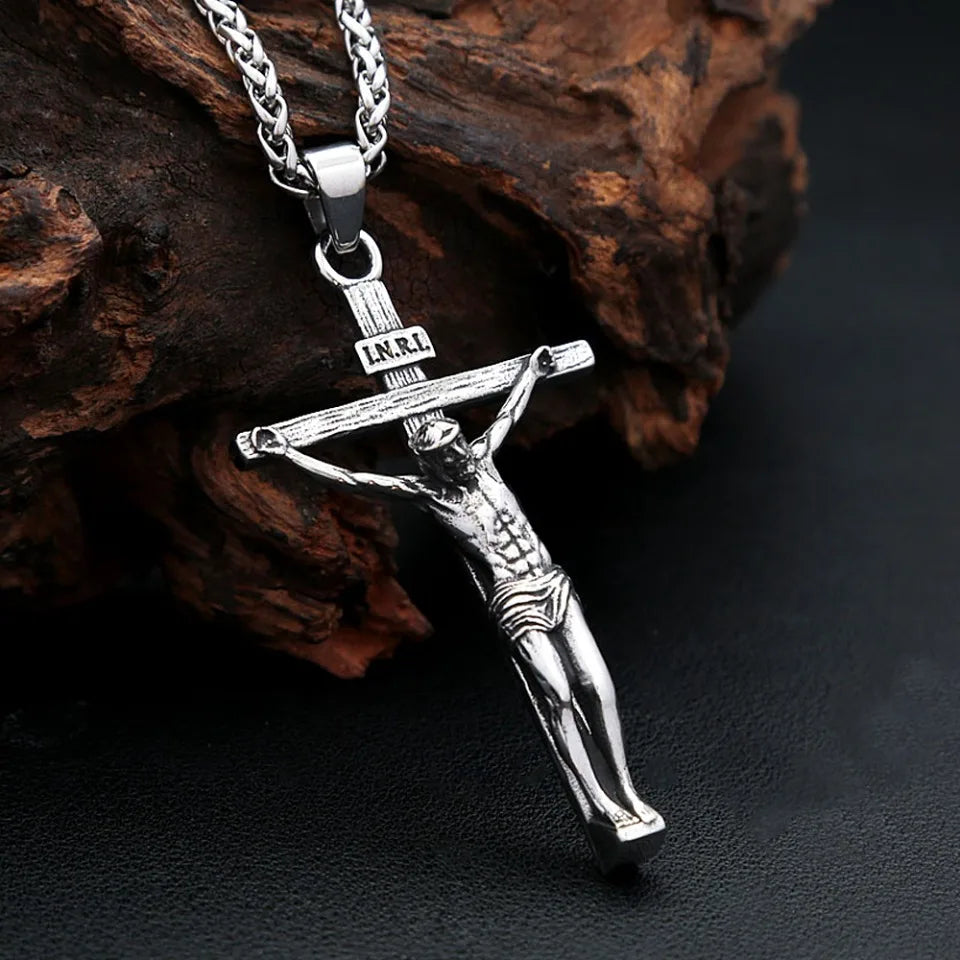 Punk Jesus Christ Cross Pendant Necklace For Men 316L Stainless Steel Fashion Religious Prayer Amulet Jewelry Gifts