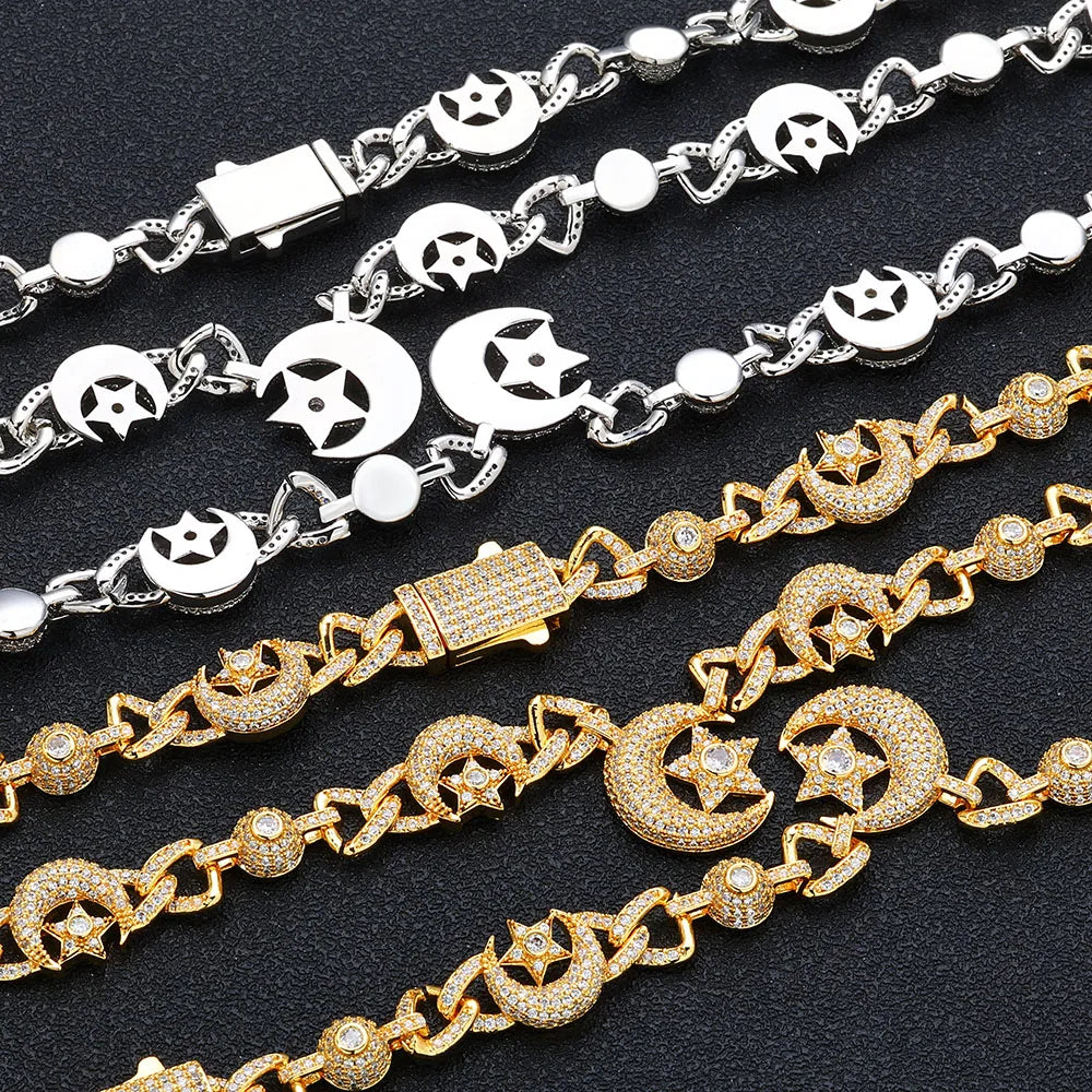Iced Out Star Cuban Chain Necklace Moon CZ