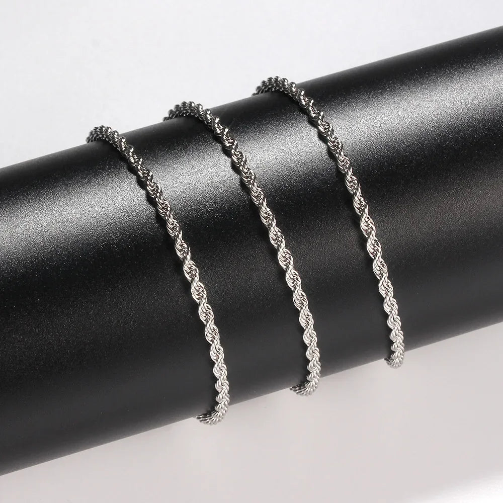 2mm Men Silver Color Twisted Twist Chain Necklace Simple Titanium Steel Choker Fashionable Non-fading Stainless Steel