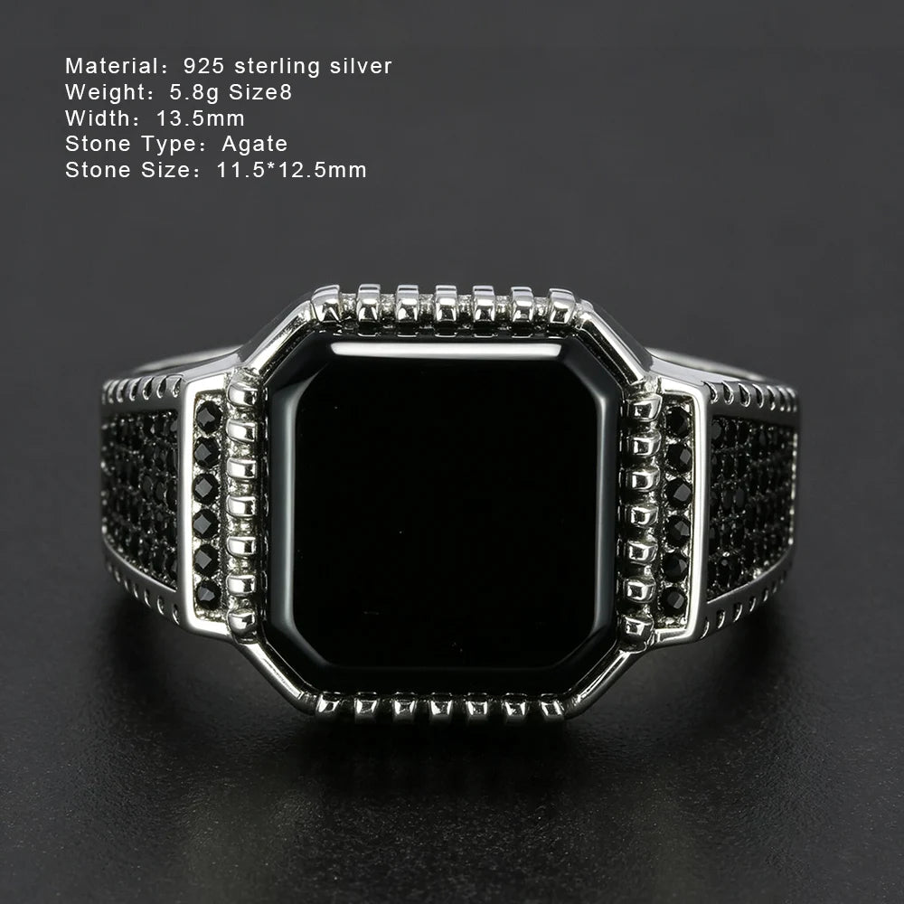 Genuine Solid 925 Sterling Silver Turkish Rings For Men Black Band With Stone Square Natural Onyx Vintage Male Jewelry Anelli