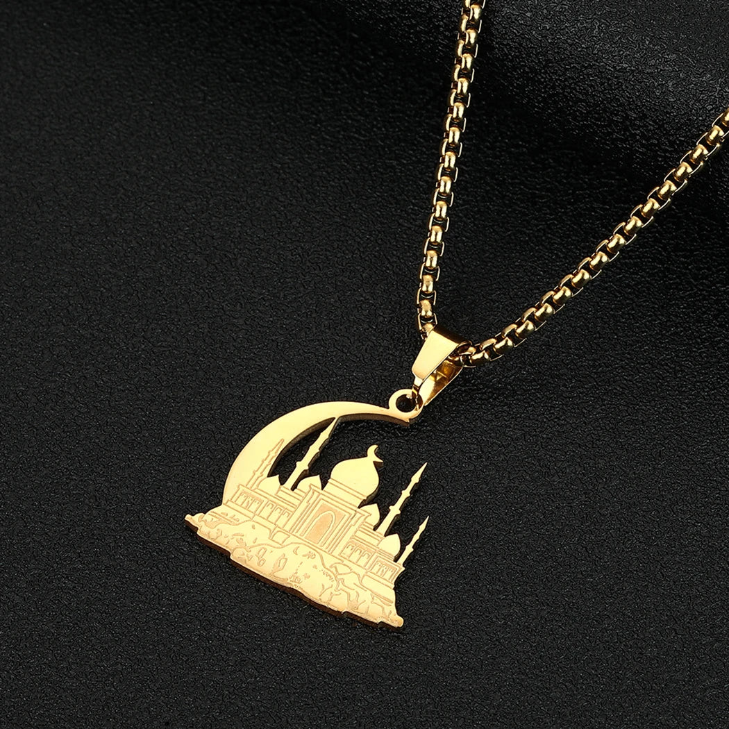 Islamic Mosque Crescent Moon Pendant Necklace — Stainless Steel