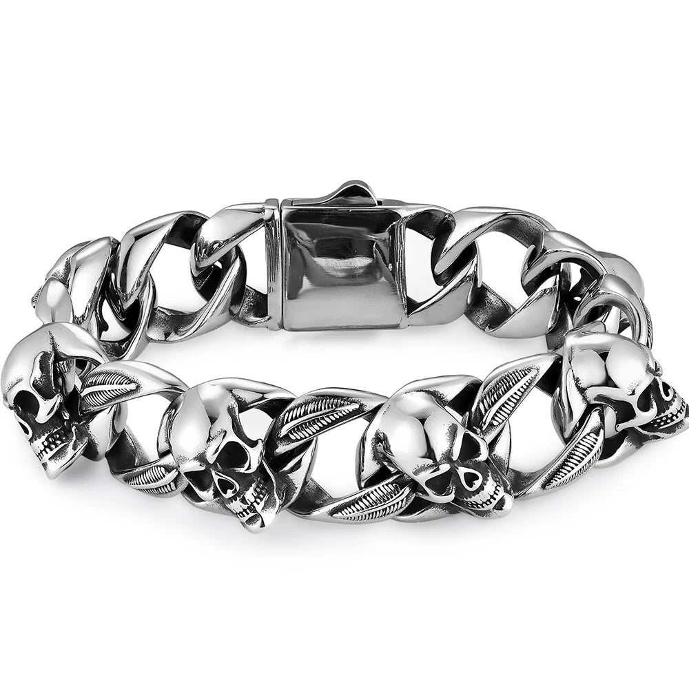 Punk Goth Matte Black Man Men's Bracelets Of Skull Head Cuban Link Chain Stainless Steel Skeleton Jewelry Boys Male