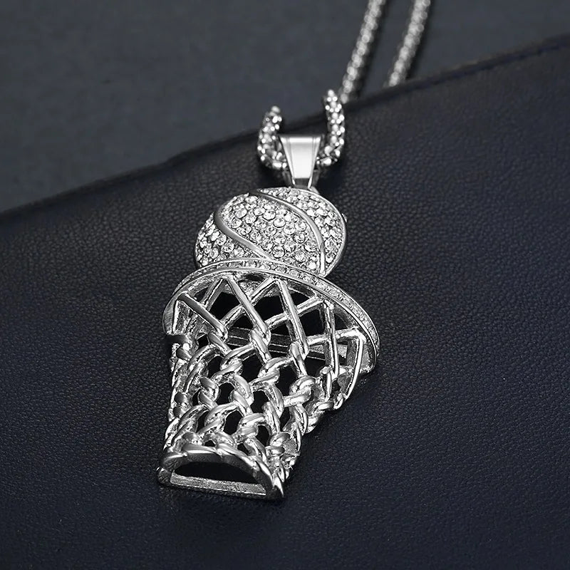 Hip Hop Stainless Steel Iced Out Pave Cubic Zirconia Basketball Basket Pendant With Chains Gold Color Hip Hop Necklace